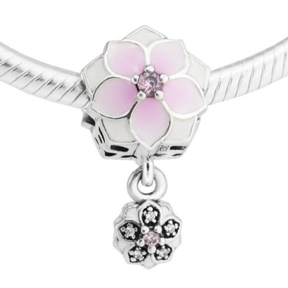 Sterling Silver Magnolia Bloom Charm Dangle with Cubic Zirconias - Picture 2 of 3